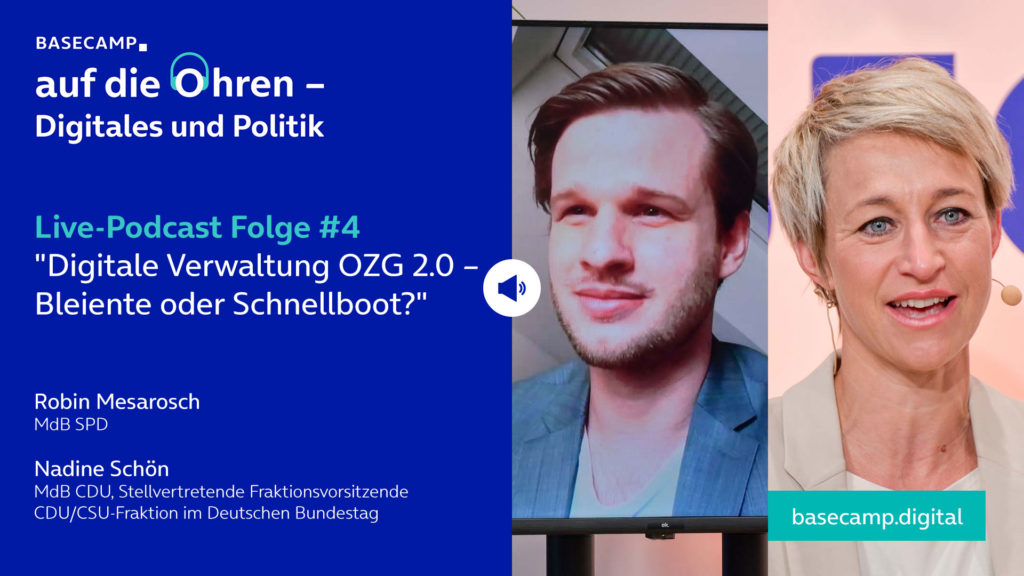 Live-Podcast Folge 4 „Digitale Verwaltung OZG 2.0 – Bleiente oder Schnellboot?“ auf YouTube anhören.
Mit dabei:
Nadine Schön, MdB CDU, Stellvertretende Fraktionsvorsitzende CDU/CSU-Fraktion im Deutschen Bundestag
und Robin Mesarosch, MdB SPD.
Moderation: Marina Grigorian, Repräsentantin Berlin bei Telefónica Deutschland.