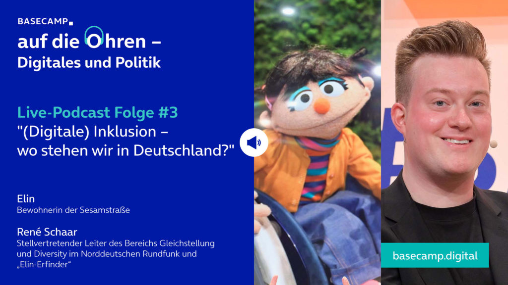 Live-Podcast Folge 3 „(Digitale) Inklusion – wo stehen wir in Deutschland?“ auf YouTube anhören.
Mit dabei:
Elin, Bewohnerin der Sesamstraße
und René Schaar, stellvertretender Leiter des Bereichs Gleichstellung und Diversity im Norddeutschen Rundfunk und „Elin-Erfinder“.
Moderation: Nicole Nehaus-Laug, Senior Manager Public Relations bei Telefónica Deutschland.