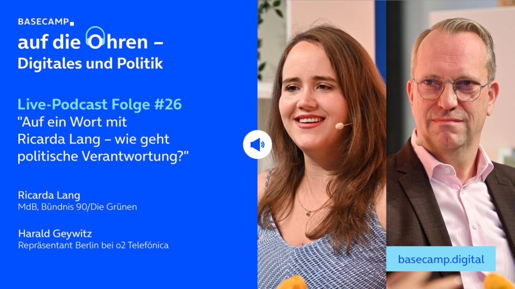 Live-Podcast Folge 26 "Auf ein Wort mit Ricarda Lang – wie geht politische Verantwortung?" auf YouTube anhören.
Mit dabei: 
Ricarda Lang, MdB, Bündnis 90/Die Grünen. 
Moderation: Harald Geywitz, Repräsentant Berlin bei o2 Telefónica.
[Anm.: Macht bedingt Sinn, aber es ist nach Vorlage] 