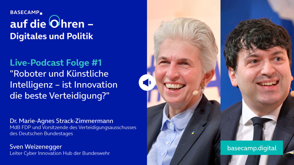 Live-Podcast Folge 1 „Roboter und Künstliche Intelligenz – ist Innovation die beste Verteidigung?“ auf YouTube anhören.
Mit dabei:
Dr. Marie-Agnes Strack-Zimmermann, MdB FDP, Vorsitzende des Verteidigungsausschusses des Deutschen Bundestages
und Sven Weizenegger, Leiter Cyber Innovation Hub der Bundeswehr.
Moderation: Nicole Nehaus-Laug, Senior Manager Public Relations bei Telefónica Deutschland.