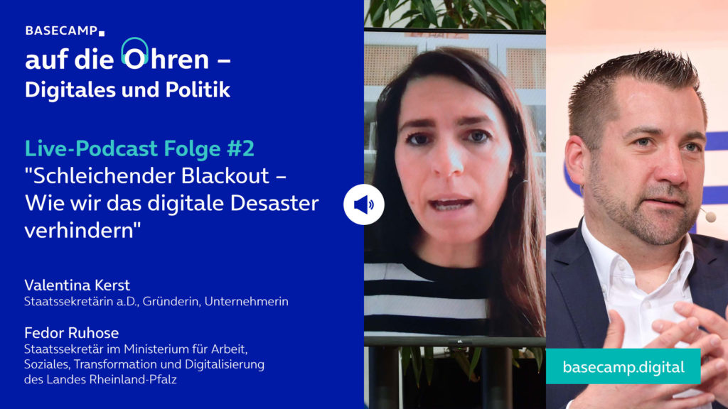 Live-Podcast Folge 2 „Schleichender Blackout – Wie wir das digitale Desaster verhindern“ auf YouTube anhören.
Mit dabei:
Valentina Kerst, Staatssekretärin a.D., Gründerin, Unternehmerin
und Fedor Ruhose, Staatssekretär im Ministerium für Arbeit, Soziales, Transformation und Digitalisierung des Landes Rheinland-Pfalz.
Moderation: Christian Groeneveld, Senior Government Relations Manager bei Telefónica Deutschland.