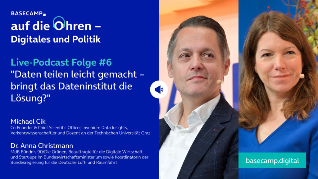 Live-Podcast Folge 6 „Daten teilen leicht gemacht – bringt das Dateninstitut die Lösung?“ auf YouTube anhören.
Mit dabei:
Dr. Anna Christmann, MdB Bündnis 90/Die Grünen, Beauftragte für die Digitale Wirtschaft und Start-ups im Bundeswirtschaftsministerium sowie Koordinatorin der Bundesregierung für die Deutsche Luft- und Raumfahrt
und Michael Cik, Co-Founder & Chief Scientific Officer, Invenium Data Insights,
Verkehrswissenschaftler und Dozent an der Technischen Universität Graz.
Moderation: Julia Riess, Team Government Relations bei Telefónica Deutschland.