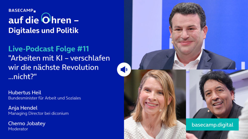 Live-Podcast Folge 11 „Arbeiten mit KI – verschlafen wir die nächste Revolution…nicht?“ auf YouTube anhören.
Mit dabei:
Hubertus Heil, Bundesminister für Arbeit und Soziales
und Anja Hendel, Managing Director bei diconium.
Moderation: Cherno Jobatey.