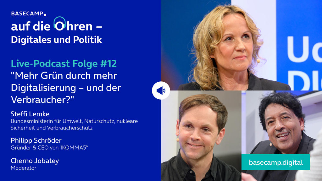 Live-Podcast Folge 12 „Mehr Grün durch mehr Digitalisierung – und der Verbraucher?“ auf YouTube anhören.
Mit dabei:
Steffi Lemke, Bundesministerin für Umwelt, Naturschutz, nukleare Sicherheit und Verbraucherschutz
und Philipp Schröder, Gründer & CEO von 1KOMMA5°.
Moderation: Cherno Jobatey.