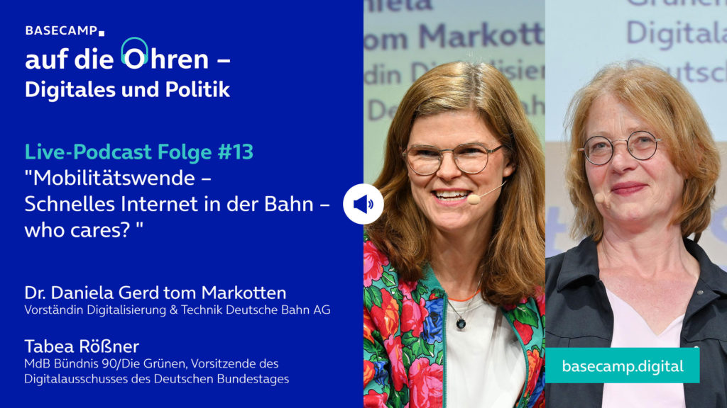 Live-Podcast Folge 13 „Mobilitätswende – Schnelles Internet in der Bahn – who cares?“ auf YouTube anhören.
Mit dabei:
Dr. Daniela Gerd tom Markotten, Vorständin Digitalisierung & Technik  Deutsche Bahn AG 
und Tabea Rößner, MdB Bündnis 90/Die Grünen, Vorsitzende des Digitalausschusses des Deutschen Bundestages.
Moderation: Philippe Gröschel, Director Government Relations bei o2 Telefónica.