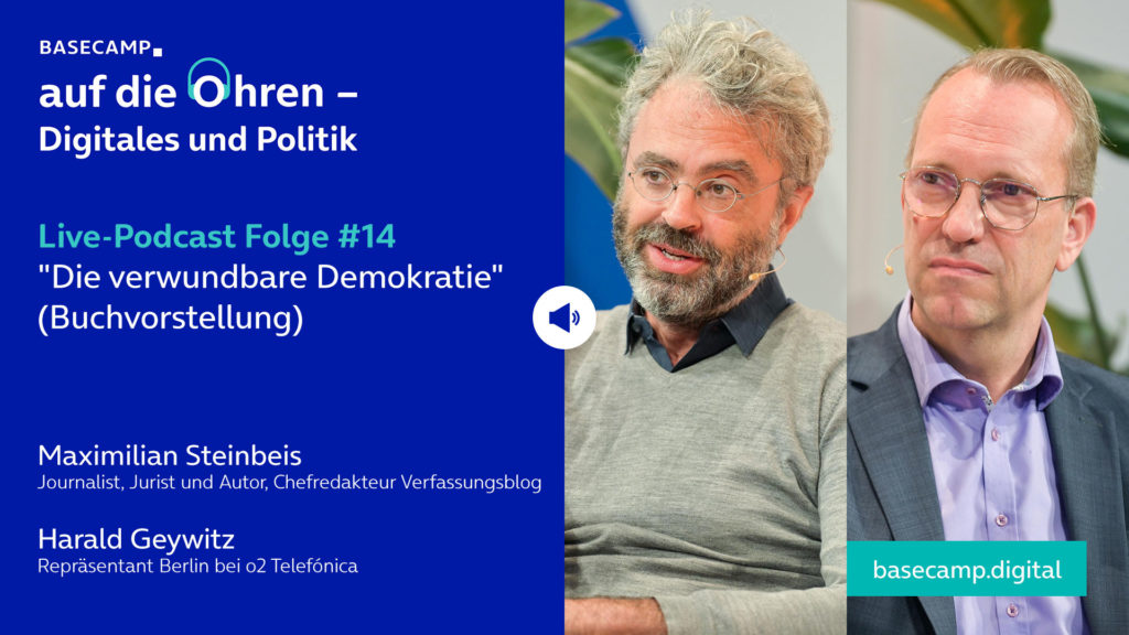 Live-Podcast Folge 14 „Die verwundbare Demokratie (Buchvorstellung)“ auf YouTube anhören.
Mit dabei:
Maximilian Steinbeis, Jurist, Journalist, Autor und Chefredakteur Verfassungsblog.
Moderation: Harald Geywitz, Repräsentant Berlin bei O<sub>2</sub> Telefónica.